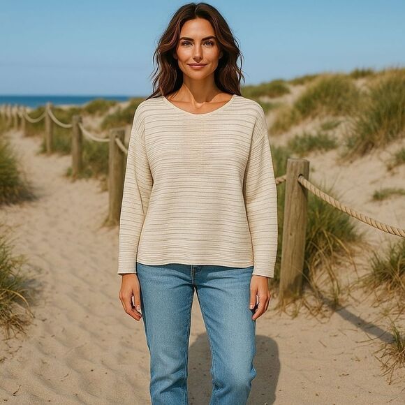 Tommy Bahama Cream V-Neck Sweater with Sparkling Ribbed Texture NWT - Picture 1 of 4